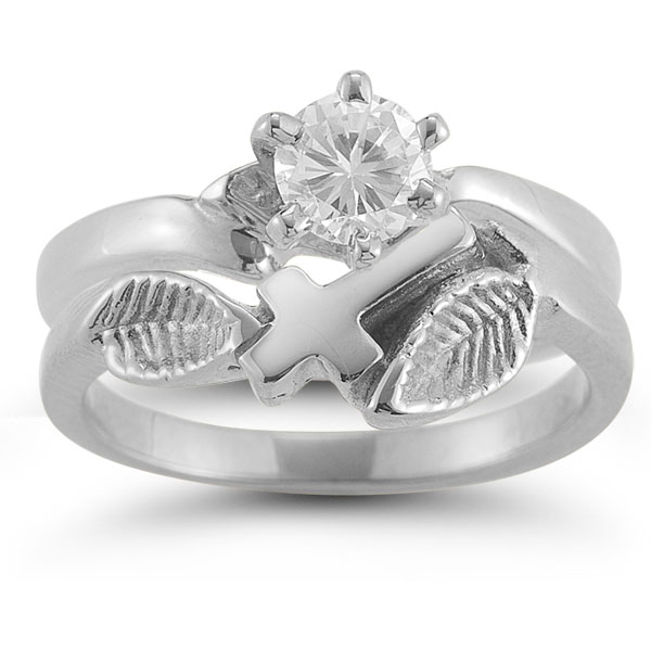 Christian Cross White Topaz Bridal Wedding Ring Set in Sterling Silver