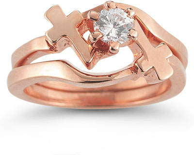 Diamond Cross Wedding Ring Bridal Set in 14K Rose Gold