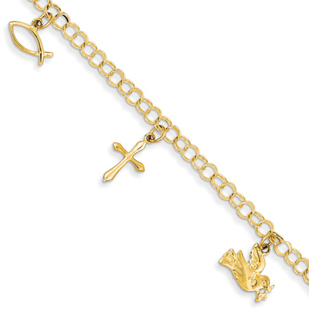 gold 14K Dove  bracelet Gold Cross Bracelet, cross Christian Jesus Bible & charm Charm Ichthus
