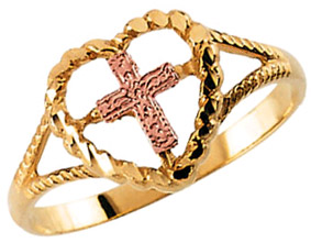 14K Rose and Yellow Gold Heart and Cross Ring