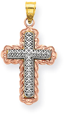 14K Rose and White Gold Filigree Cross Pendant