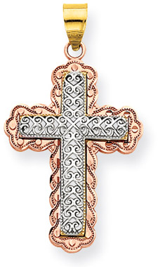 14K Rose and White Gold Filigree Cross Pendant