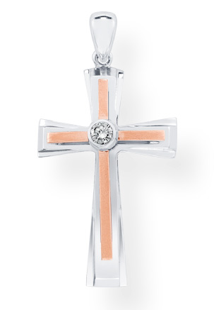 Men's Diamond Solitaire Cross Pendant in 14K Rose and White Gold