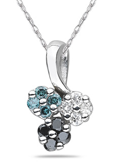 Three Color Diamond Flower Pendant, 14K White Gold