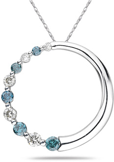 Blue and White Half Diamond Circle Pendant 10K White Gold