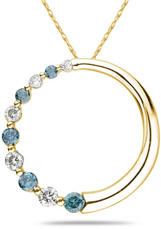 Blue and White Diamond Circle Pendant, 10K Yellow Gold