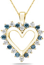 1 Carat Blue and White Diamond Heart Pendant, 14K Yellow Gold