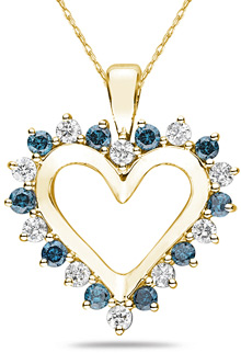 1 Carat Blue and White Diamond Heart Pendant, 14K Yellow Gold
