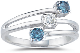 Three Stone Blue and White Diamond Ring, 14K White Gold
