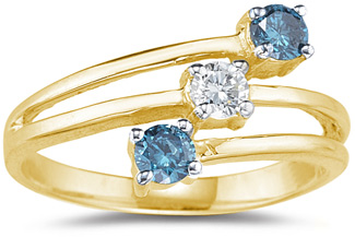 Three Stone Blue and White Diamond Ring, 14K Yellow Gold