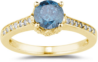 1.19 Carat Blue and White Diamond Ring, 14K Yellow Gold