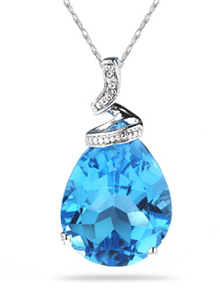 Blue Topaz Pear Shaped Gemstone and Diamond Pendant, White Gold