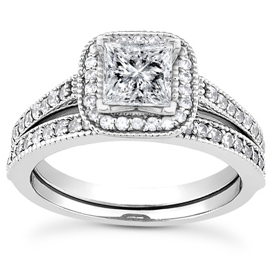 Carat Princess-Cut Halo Engagement and Wedding Ring Set