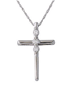 Three Stone Diamond Cross Pendant, 10K White Gold