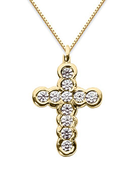 Bezel Set Diamond Cross Necklace, 14K Yellow Gold