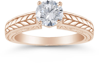 Carved Leaf 0.75 Carat Diamond Engagement Ring in 14K Rose Gold