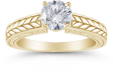 Carved Leaf 0.75 Carat Diamond Engagement Ring in 14K Yellow Gold