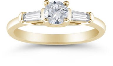 14K Yellow Gold Round and Baguette Diamond 3 Stone Engagement Ring