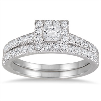 Carat Princess-Cut Diamond Halo Bridal Engagement Ring Set in 14K ...