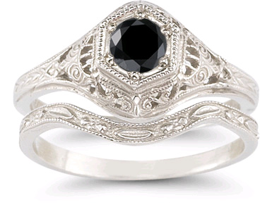 Antique-style black diamond engagement ring and wedding band set in ...