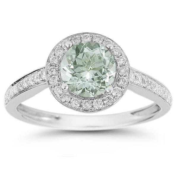 Modern Halo Green Amethyst Diamond Ring in 14K White Gold