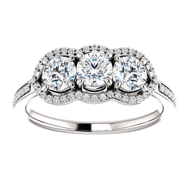 Three Stone Diamond Halo Bridal Engagement Wedding Ring Set