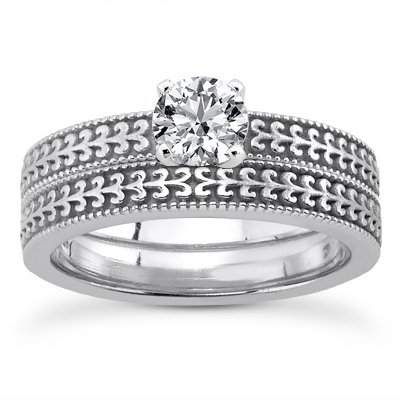 Carat Engraved 14K White Gold Wedding Ring Set
