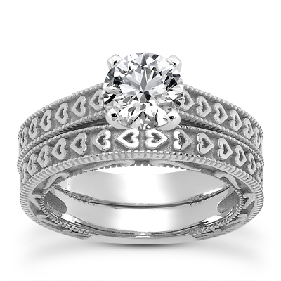 Engraved Hearts CZ Engagement Set in 14K White Gold