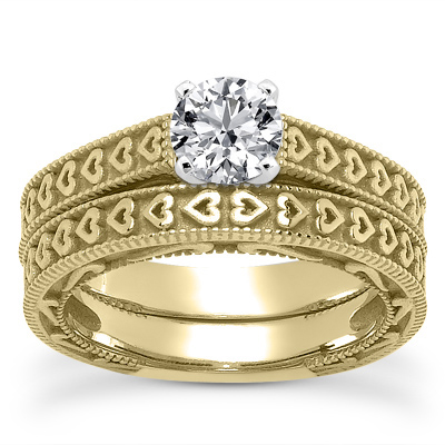 1/2 Carat Engraved Heart Wedding Bridal Ring Set in 14K Yellow Gold