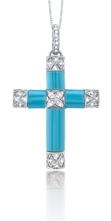 Turquoise and 0.25 Carat Diamond Cross Pendant in 14K White Gold
