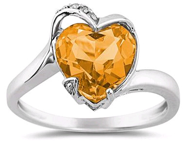 Heart Shaped Citrine and Diamond Ring in 14K White Gold