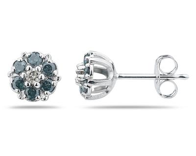 Blue and White Diamond Flower Earrings in 14K White Gold