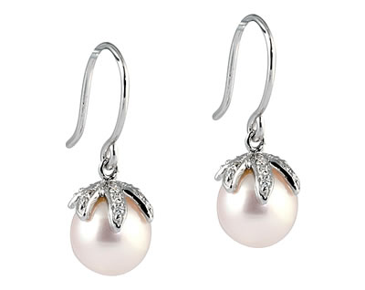 Natural Freshwater Round Pink Pearl & Diamond Drop Earrings in 14K White Gold