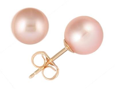 All Natural 7-7.5mm Pink Freshwater Pearl Earrings in 14K Yellow Gold