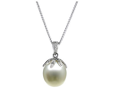 Natural South Sea Drop Pearl & Diamond Pendant in 14kt White Gold