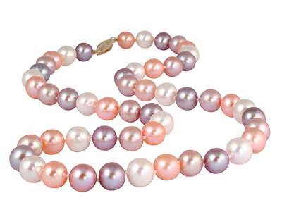 All Natural Multi Color 9 95mm Freshwater Round Pearl Necklace in 14k Yellow Gold