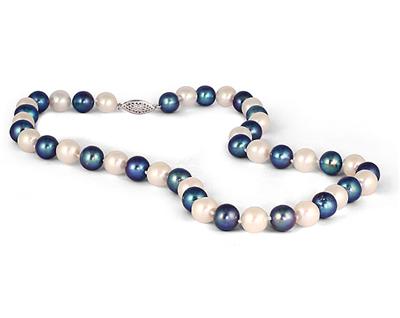 All Natural Freshwater 8 85mm Blue Black and White Pearl Necklace 14K White Gold