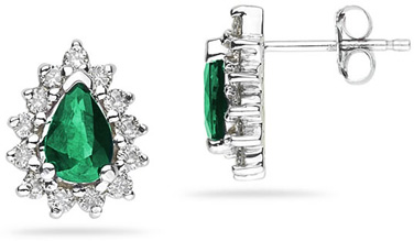 6mm x 4mm Pear Shaped Emerald and Diamond Flower Earrings in 14k White Gold