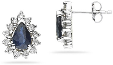 6mm x 4mm Pear Shaped Sapphire and Diamond Flower Earrings in 14k White Gold