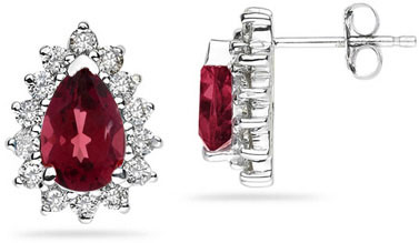 7mm x 5mm Pear Shaped Ruby and Diamond Flower Earrings in 14k White Gold