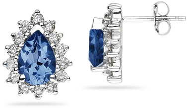 7mm x 5mm Pear Shaped Sapphire and Diamond Flower Earrings in 14k White Gold