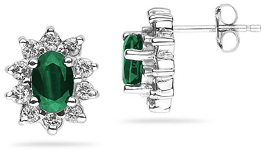 6mm x 4mm Oval Shaped Emerald and Diamond Flower Earrings in 14k White Gold