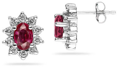 6mm x 4mm Oval Shaped Ruby and Diamond Flower Earrings in 14k White Gold