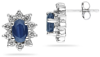 6mm x 4mm Oval Shaped Sapphire and Diamond Flower Earrings in 14k White Gold