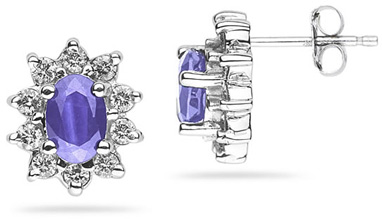 6mm x 4mm Oval Shaped Tanzanite and Diamond Flower Earrings in 14k White Gold