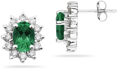 7mm x 5mm Oval Shaped Emerald and Diamond Flower Earrings in 14k White Gold