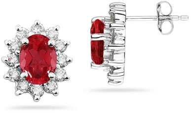 7mm x 5mm Oval Shaped Ruby and Diamond Flower Earrings in 14k White Gold