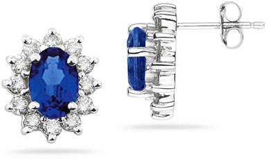 7mm x 5mm Oval Shaped Sapphire and Diamond Flower Earrings in 14k White Gold