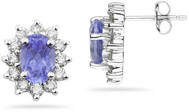 7mm x 5mm Oval Shaped Tanzanite and Diamond Flower Earrings in 14k White Gold