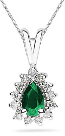 6mm x 4mm Pear Shaped Emerald and Diamond Flower Pendant in 14K White Gold